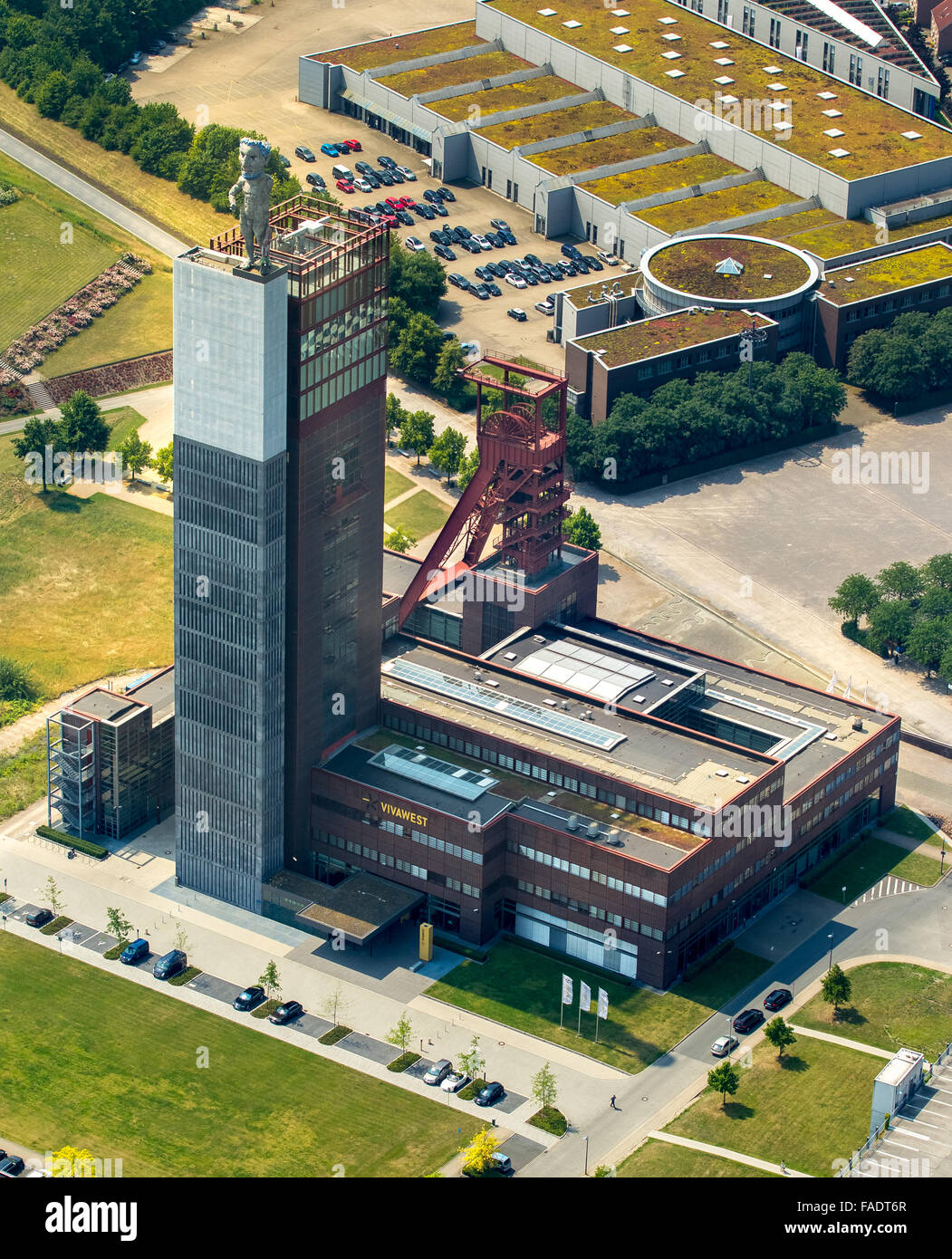 Aerial view, large real estate group, rent, management of housing, Nordsternpark, administrative Vivawest, winding tower Stock Photo