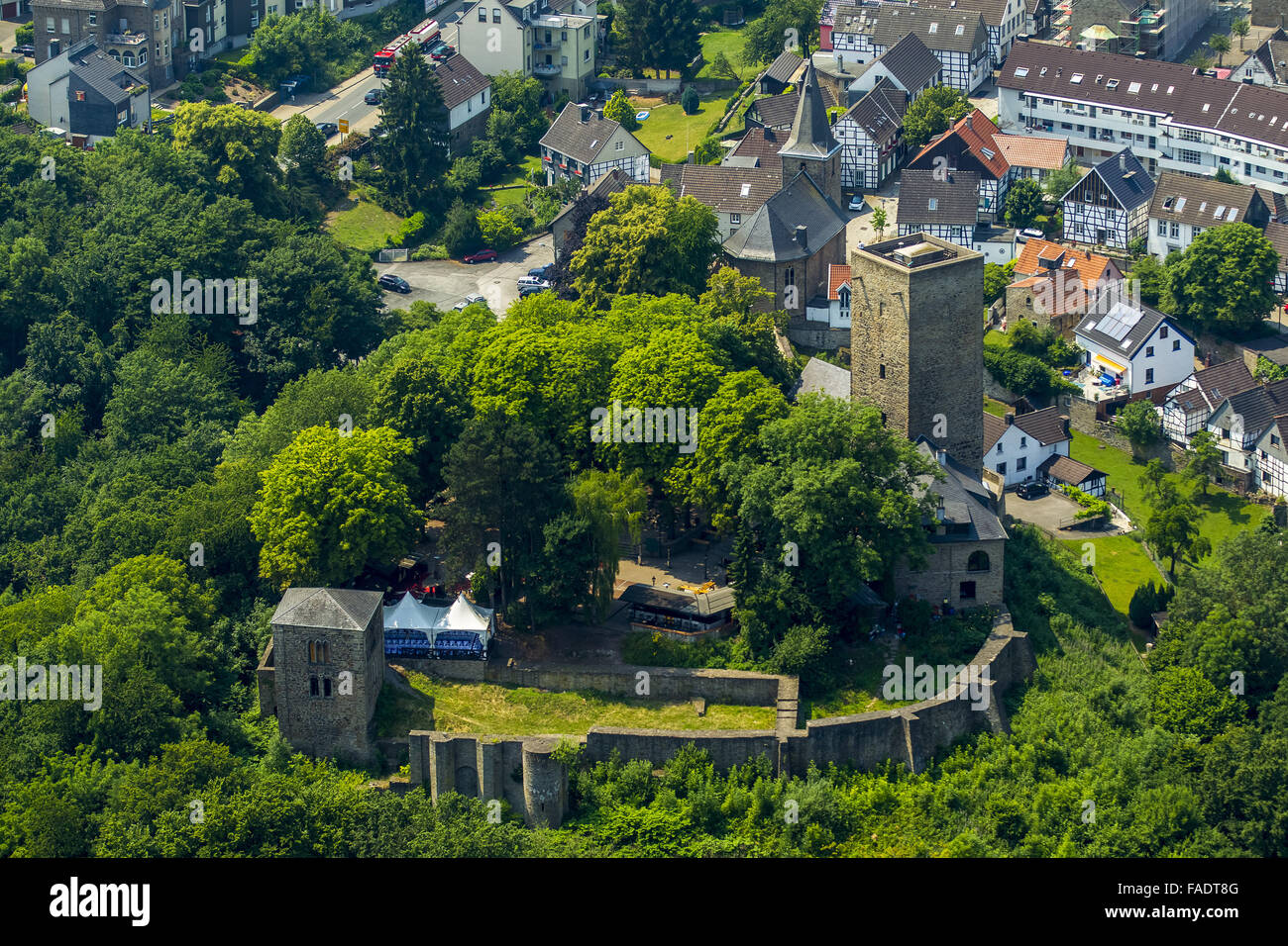Aerial view, Ruhr Valley, Blankenstein Castle with tower, Hattingen, Ruhr region, North rhine westphalia, Germany, Europe,Aerial Stock Photo