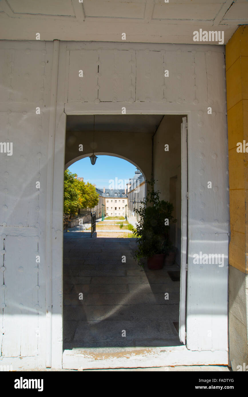 View through an open door. La Granja de San Ildefonso, Segovia province, Castilla Leon, Spain. Stock Photo