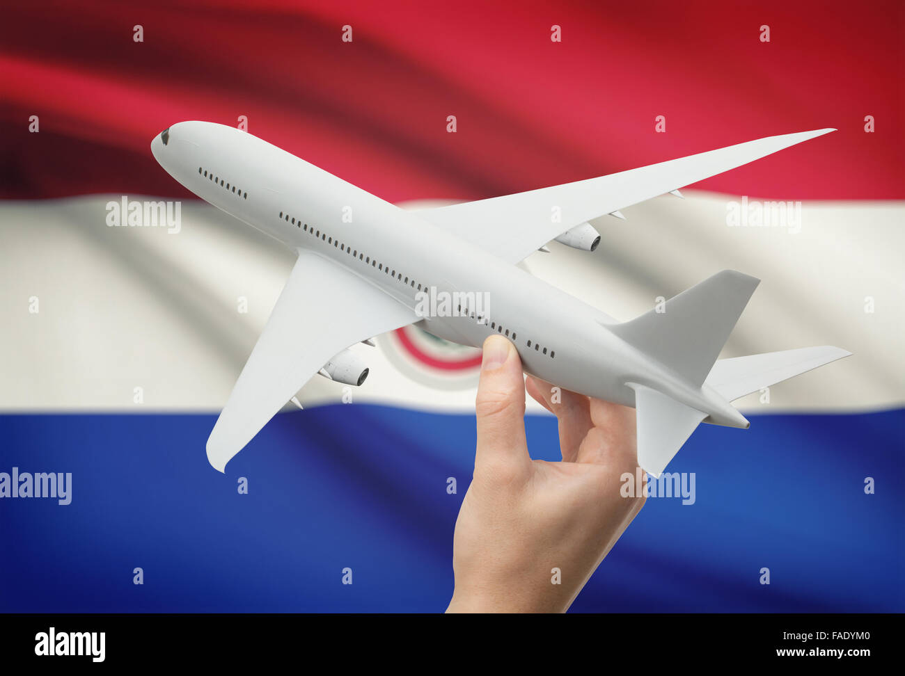 Airplane in hand with national flag on background - Paraguay Stock Photo