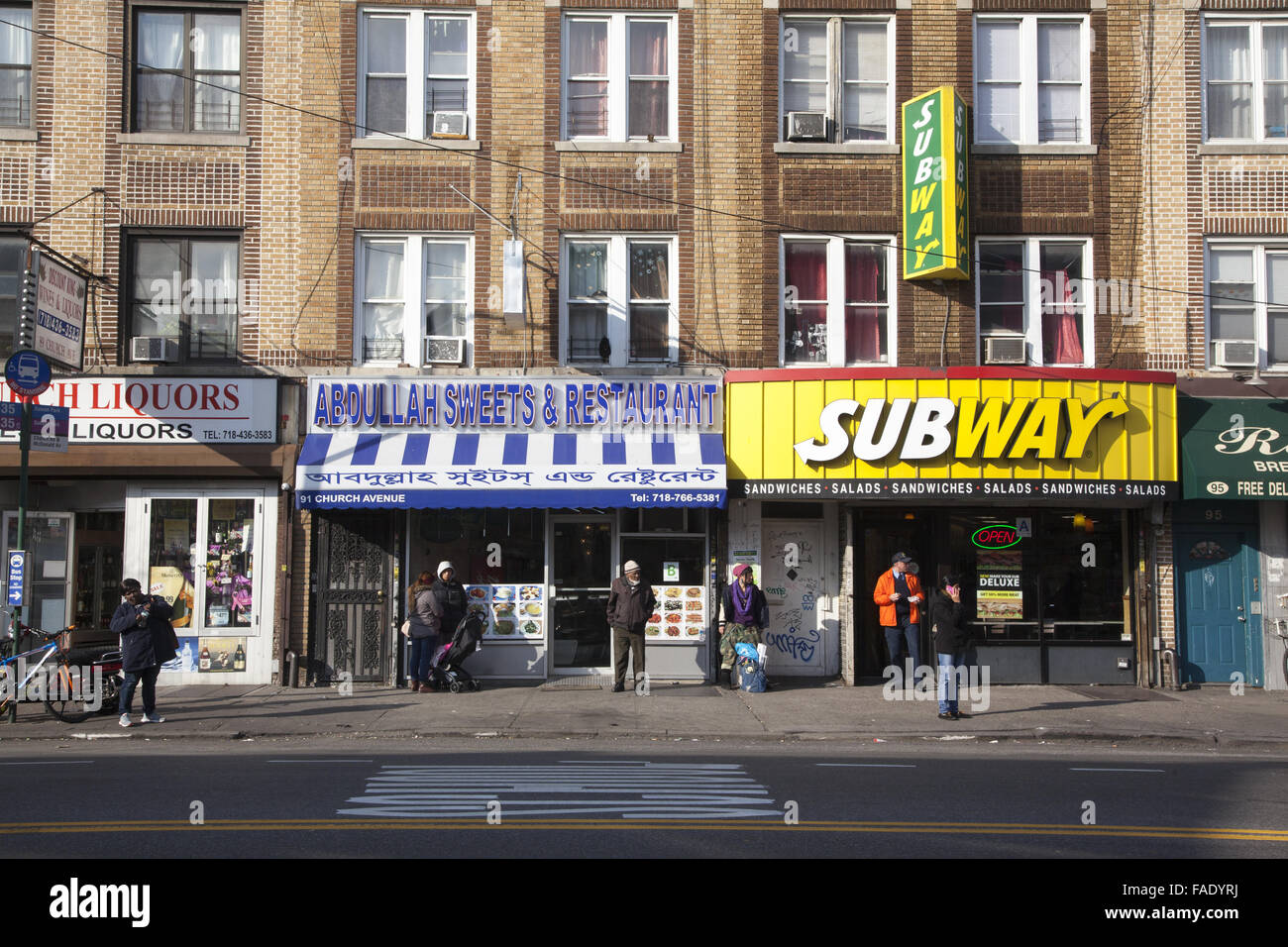 Storefronts along Church Avenue in the multiethnic, multicultural Kensington neighborhood of Brooklyn, NY. Stock Photo