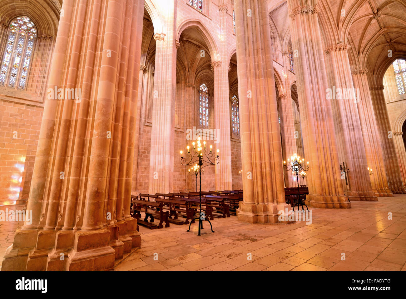 Portugal: Nave and gothic columns of the of monastery church Santa Maria da Vitoria in Batalha Stock Photo