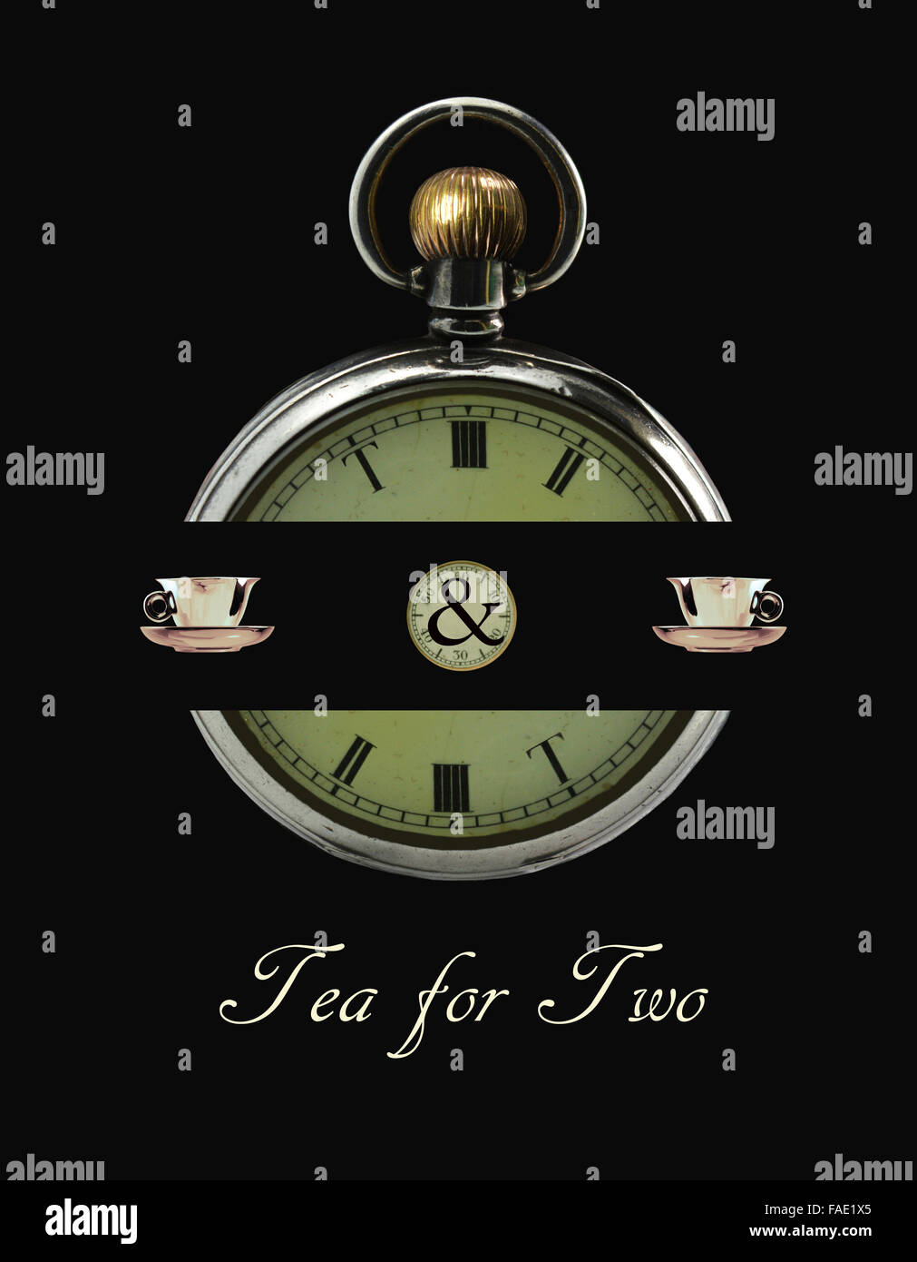 An antique pocket watch with numerals altered to read 'Tea for Two'. Stock Photo