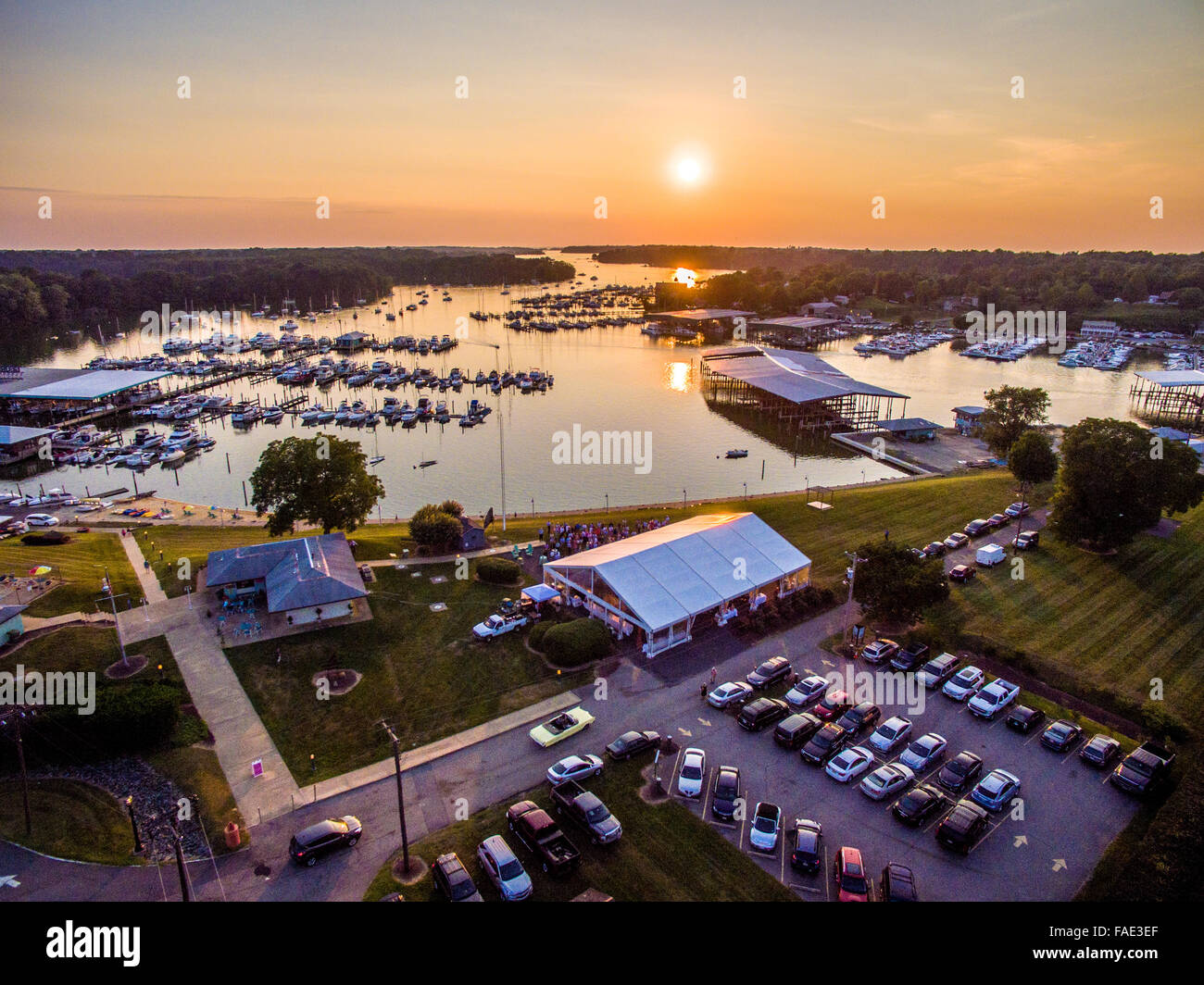 Aerial view of a sunset over Kitty Knight House in Kent County