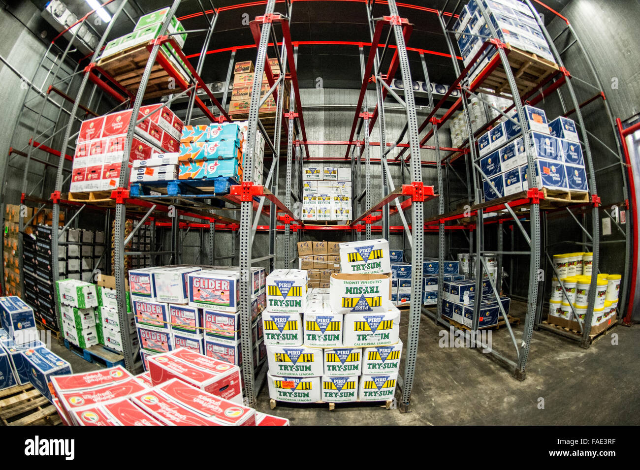 Boxes inside of a wholesale produce market Stock Photo