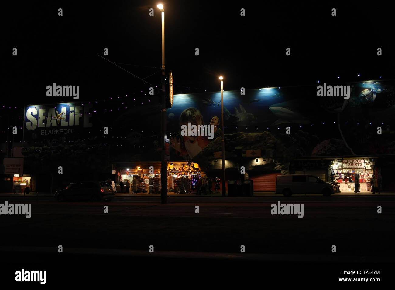 Night view across the Central Promenade to electric lights fastfood