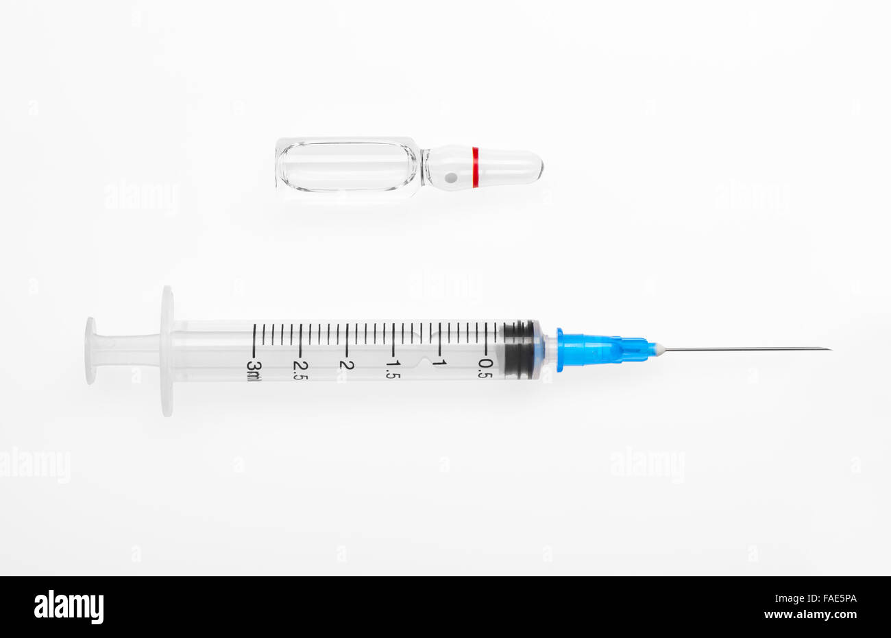 Plastic syringe with open needle and transparent white glass ampoule with a drug isolated on white background Stock Photo