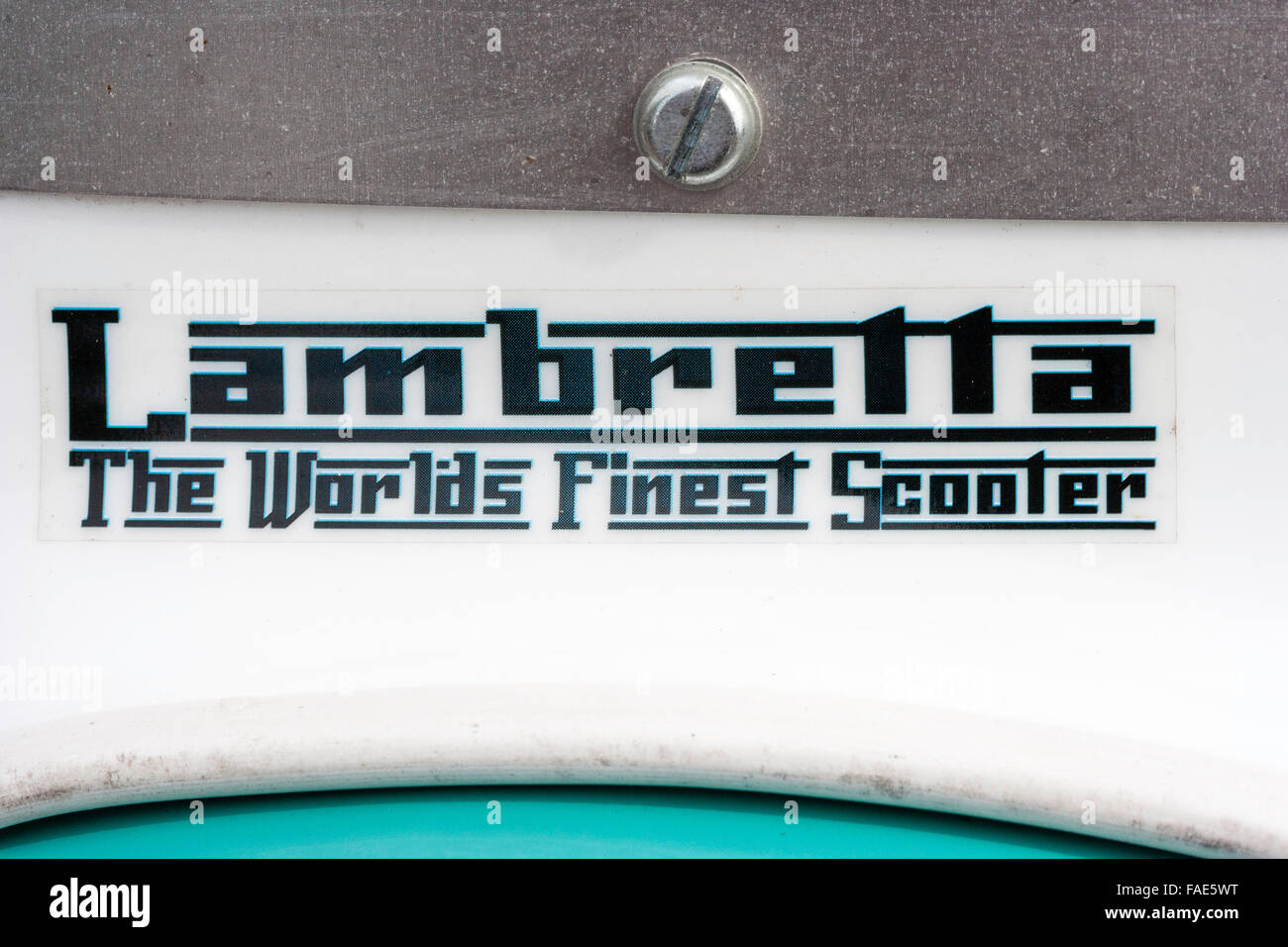 'Lamrella, The world's finest scooter', logo in dark green against white background. Close up. Stock Photo