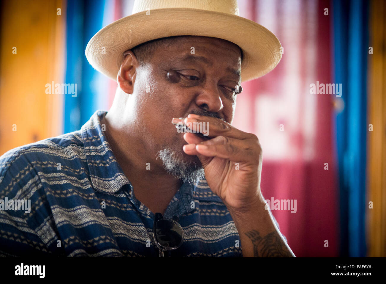 Man playing the blues harmonica. Stock Photo