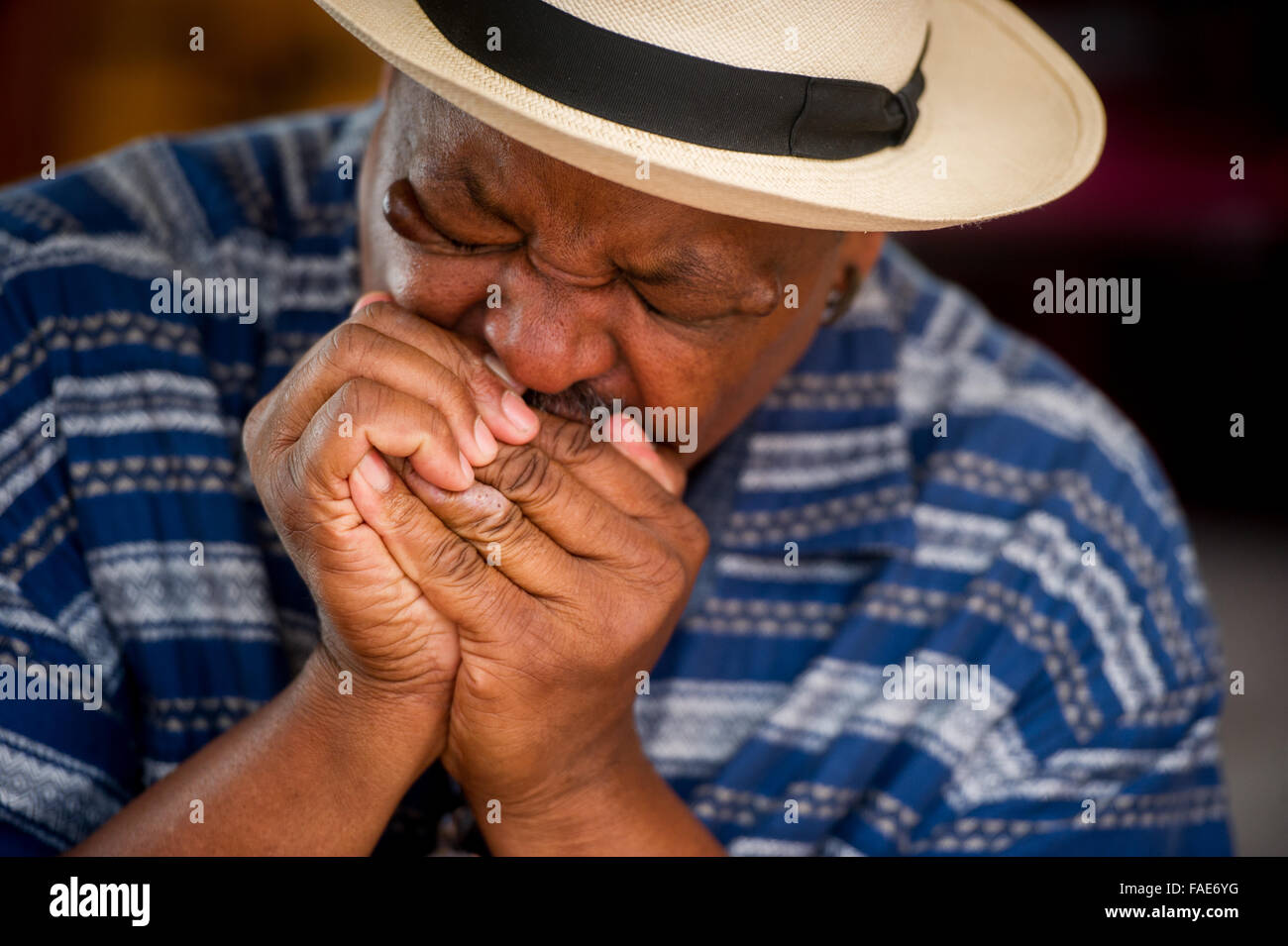 Man playing the blues harmonica. Stock Photo