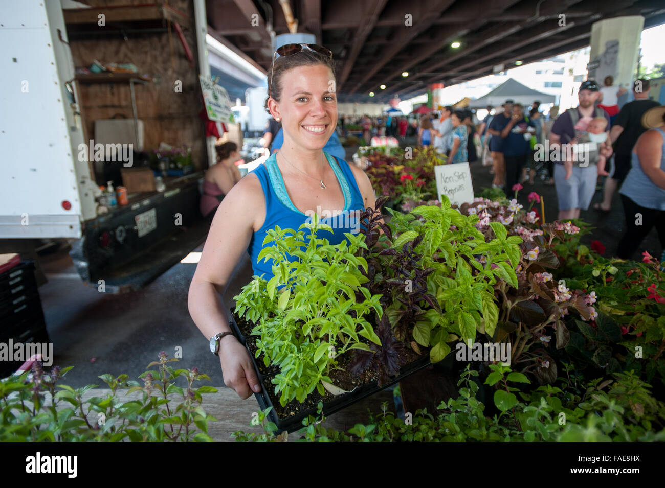 Woman selling plants at a local farmers market Stock Photo