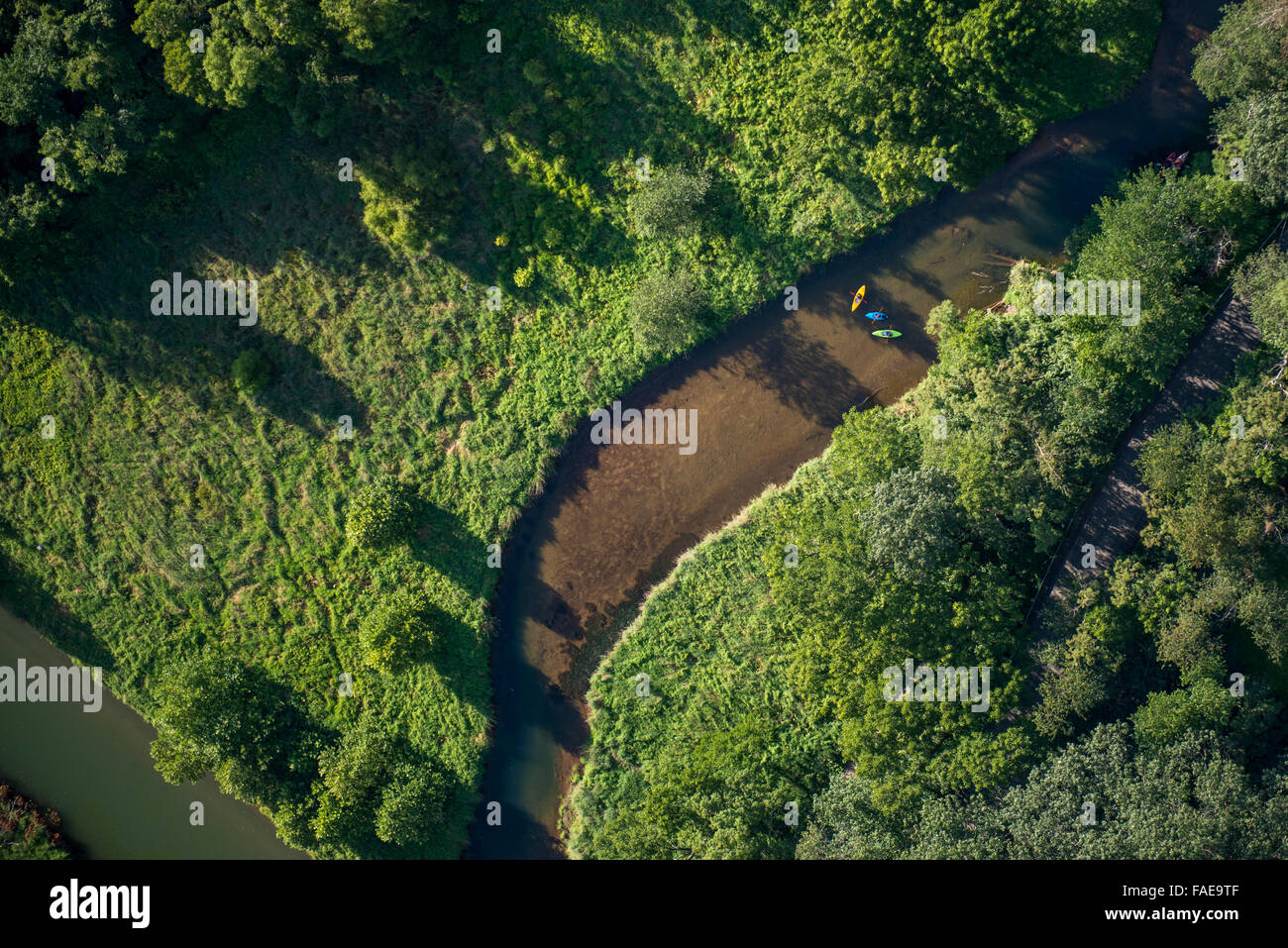 Aerial view of a group of kayakers headed down a river in Harford County, MD. Stock Photo