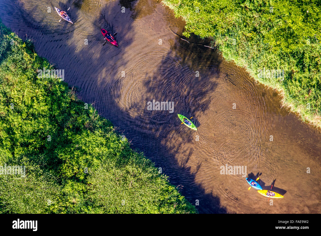 Aerial view of a group of kayakers headed down a river in Harford County, MD. Stock Photo