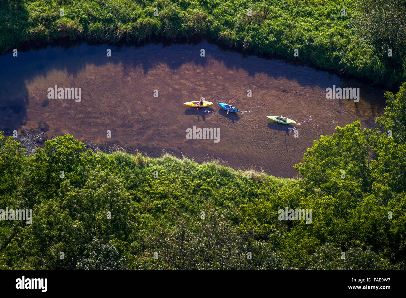 Aerial view of a group of kayakers headed down a river in Harford County, MD. Stock Photo