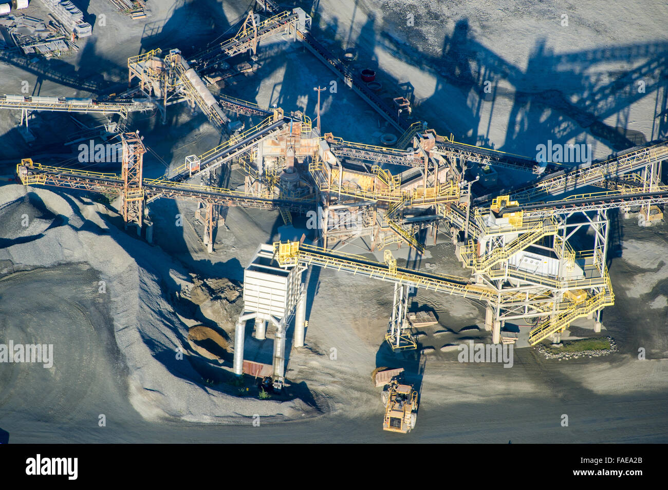 Aerial view of construction being done in a quarry Stock Photo