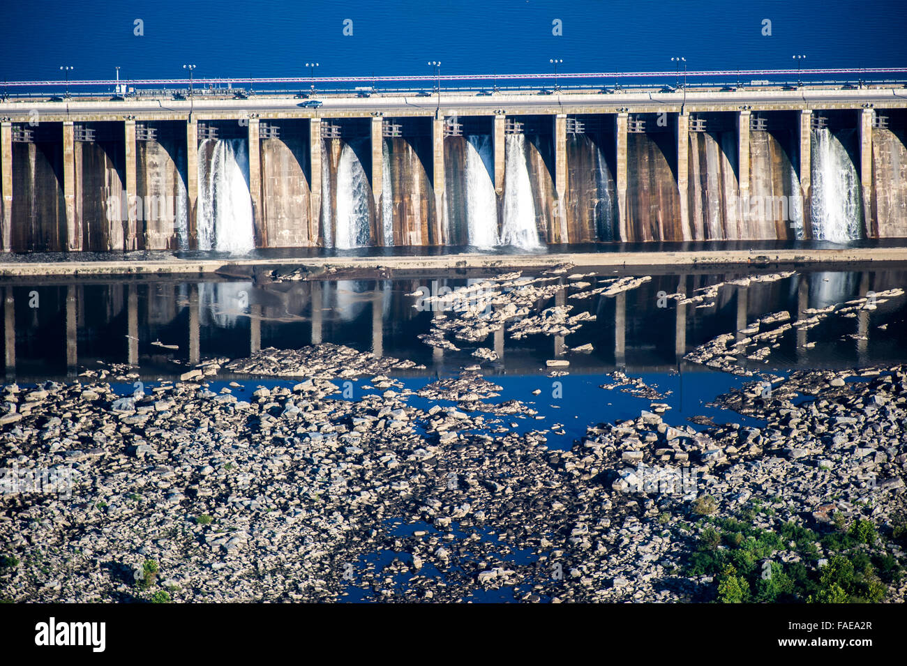 Aerial view of a dam in the Susquehanna River in Maryland. Stock Photo