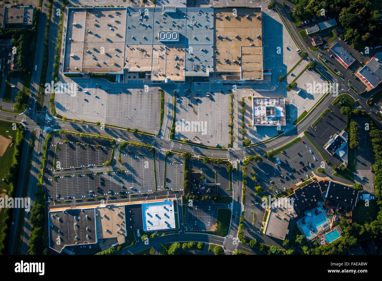 Aerial view of a parking lot and suburban roof tops in Harford County, Maryland. Stock Photo