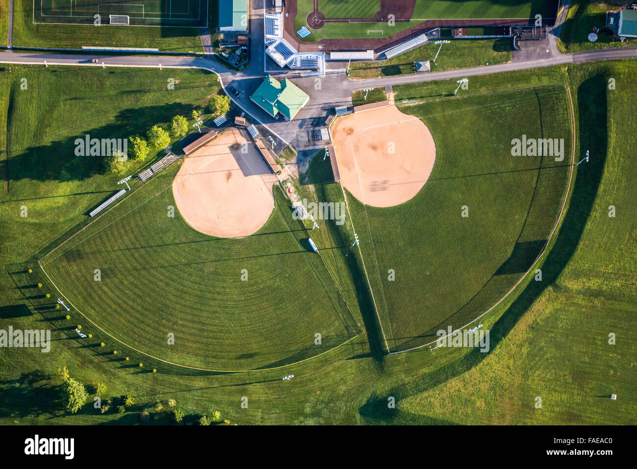 Aerial view of adjoining baseball diamonds Stock Photo