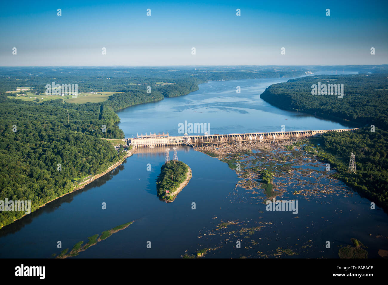 Aerial view of a dam in the Susquehanna River in Maryland. Stock Photo