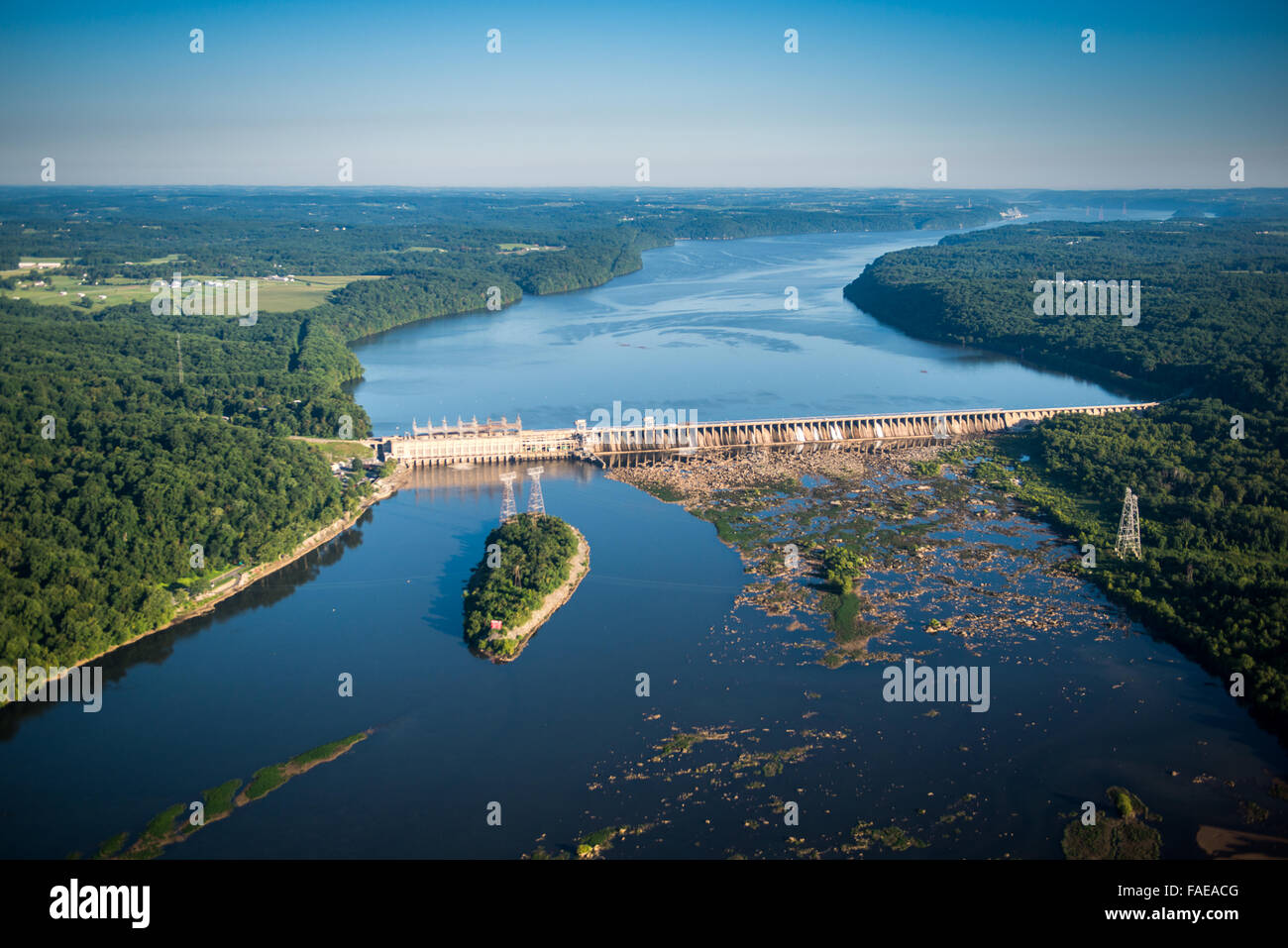 Aerial view of a dam in the Susquehanna River in Maryland. Stock Photo