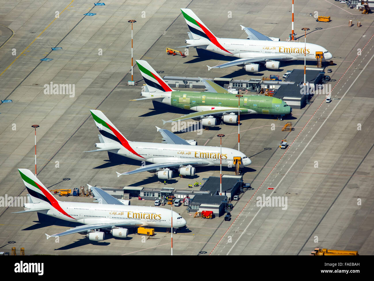 Aerial view, Airbus A380 for Emirates before finishing on the tarmac, Finkenwerder Airport, aircraft industry, Finkenwerder, Stock Photo