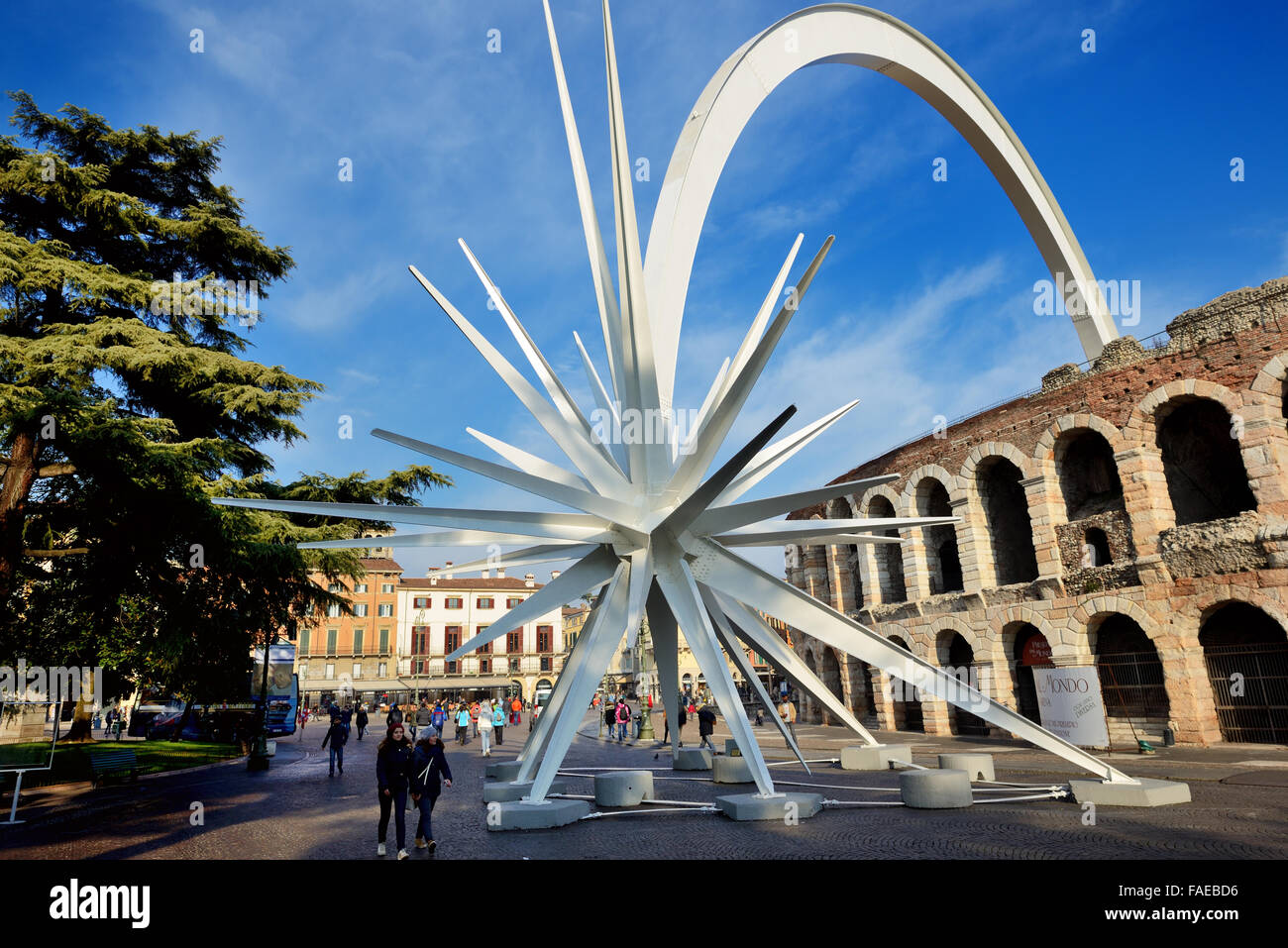 Every year at Christmas time, in Verona city is assembled a comet, designed by architect and designe Rinaldo Olivieri, Italy Stock Photo