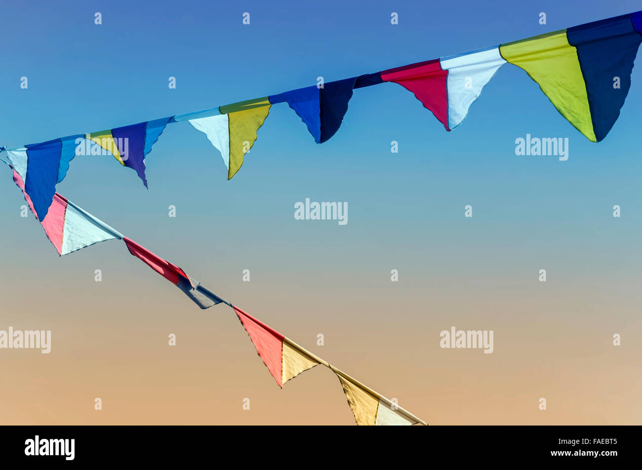 Flags used for medieval festivals. Sunrise moment. Stock Photo