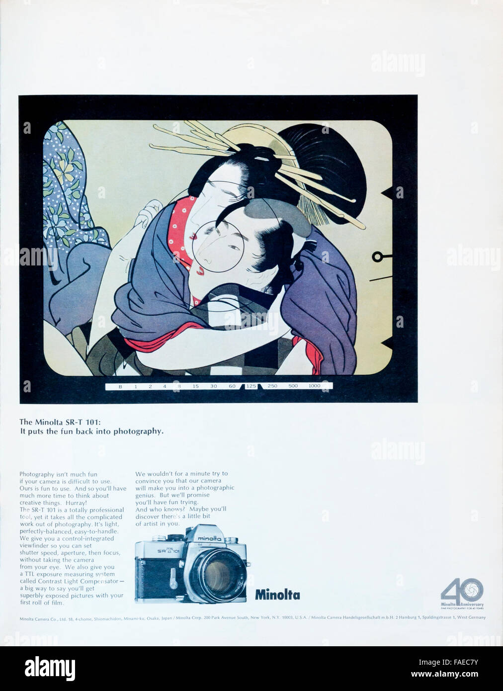 1960s magazine advertisement advertising Japanese Minolta SRT 101 SLR single lens reflex camera. Stock Photo