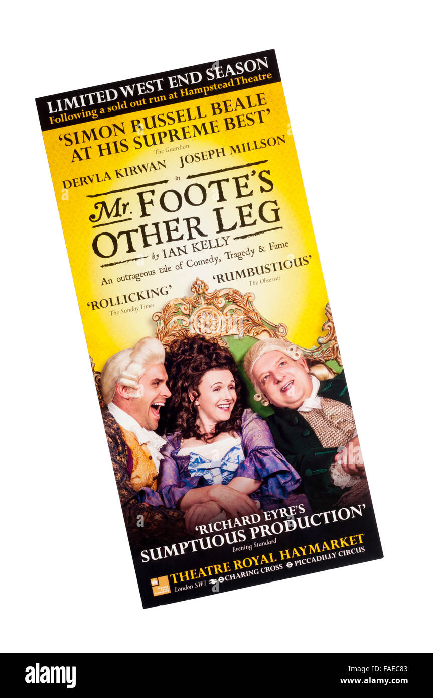 Promotional flyer for Simon Russell Beale, Dervla Kirwan & Joseph Millson in 2015 production Mr Foote's Other Leg by Ian Kelly. Stock Photo