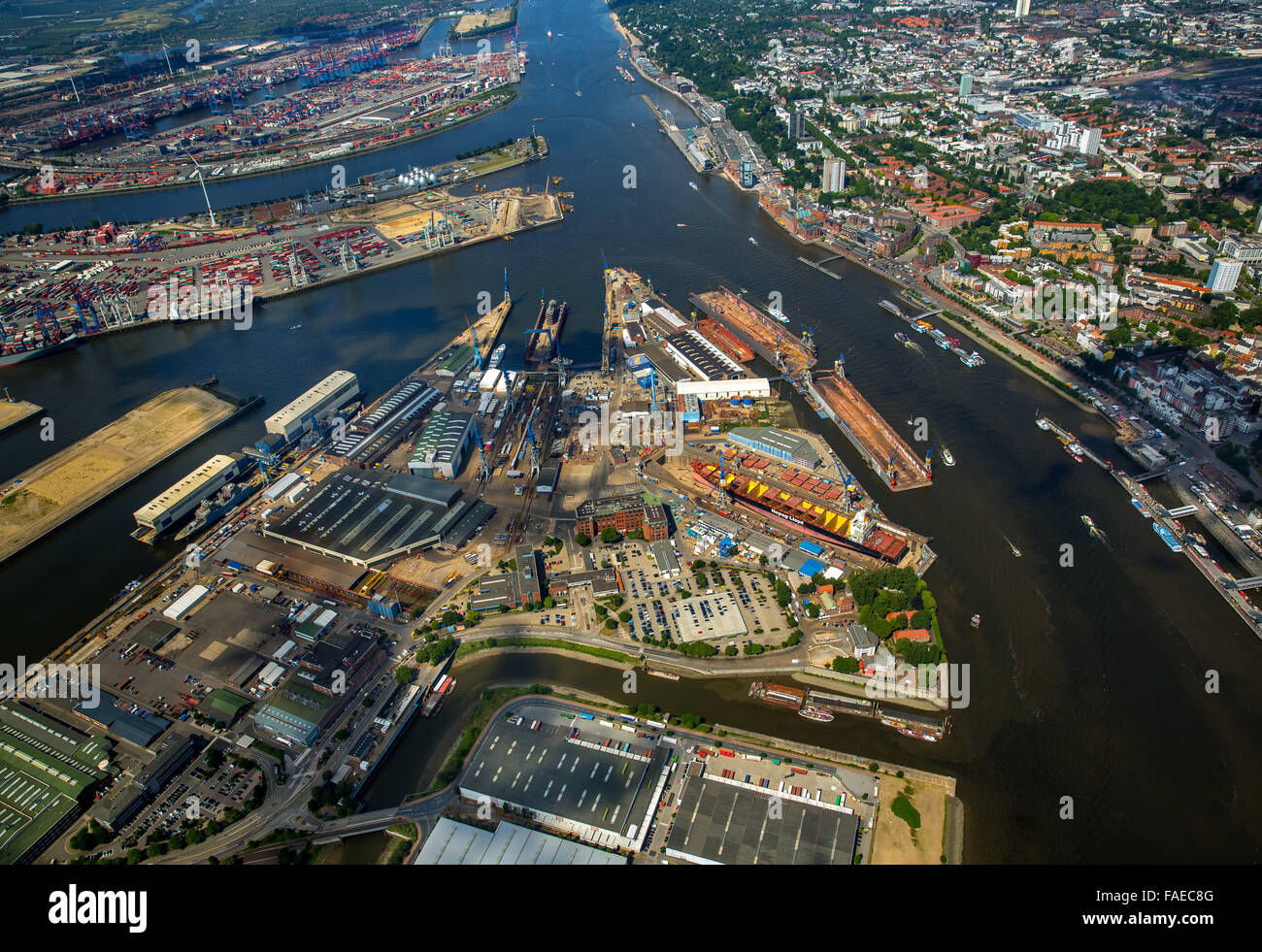 Aerial view, dry docks of the Hamburg shipyard Blohm + Voss, Hamburg Harbour, Elbe, Hamburg, Free and Hanseatic City of Hamburg, Stock Photo