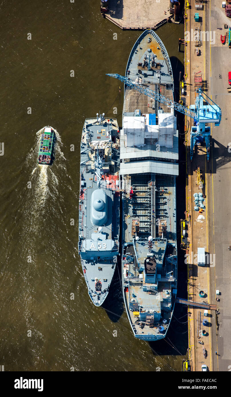 Aerial view, warships in the port of Hamburg, destroyers, Hamburg Harbour, Elbe, Hamburg, Free and Hanseatic City of Hamburg, Stock Photo