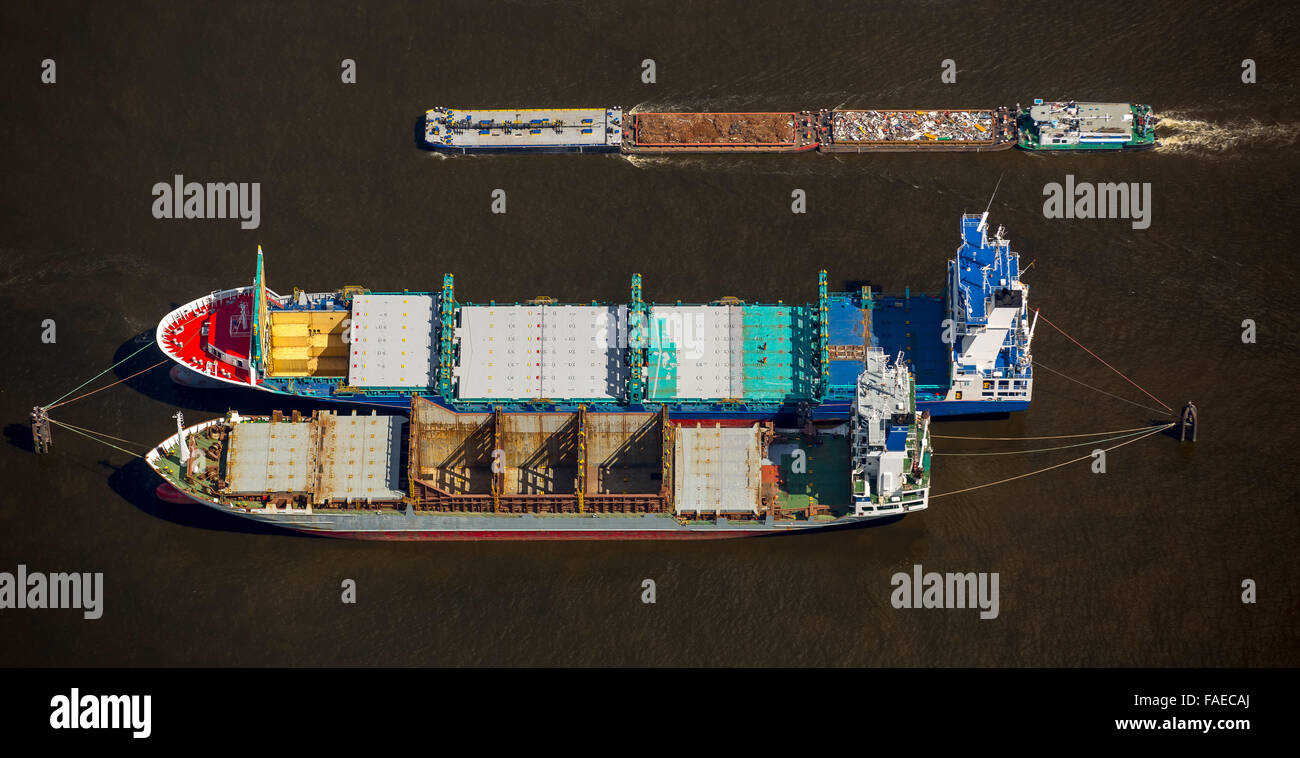 Aerial view, bulk carriers are in port at anchor Hamburg, Hamburg Harbour, Elbe, Hamburg, Free and Hanseatic City of Hamburg, Stock Photo