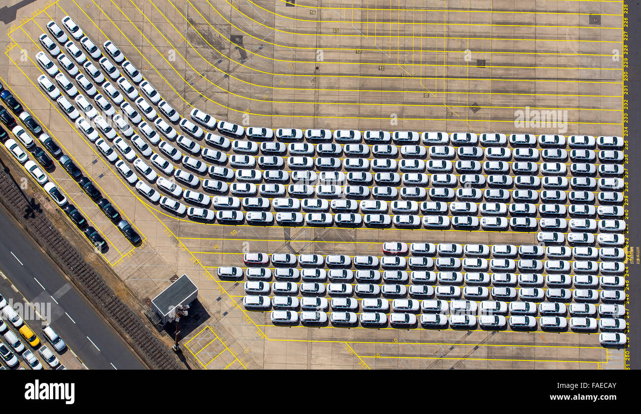 Aerial view, cars loaded on Hansahafen, export cars, import cars, automotive, Unikai the Port of Hamburg, Hamburg Harbour, Elbe, Stock Photo