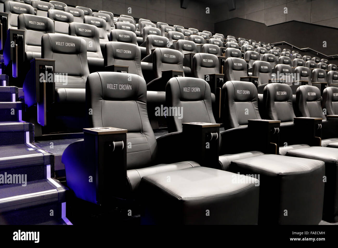 Theater seats, Violet Crown Cinema, Railyard District, Santa Fe, New Mexico USA Stock Photo