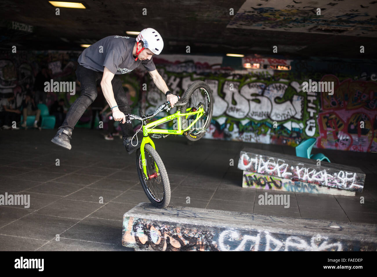 BMX rider doing tricks at the skate park under the Southbank Centre