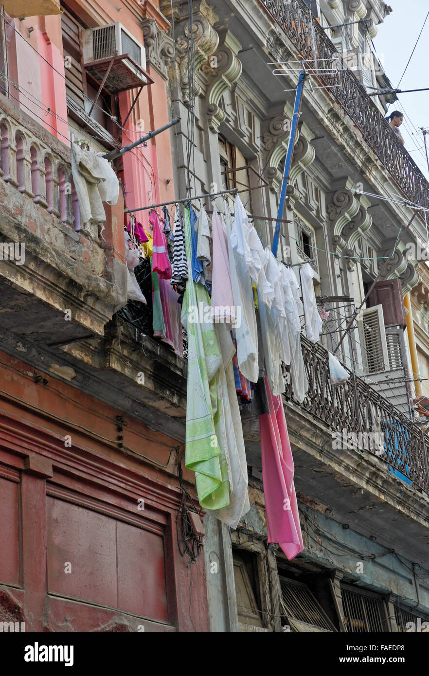 Laundry hanging from balcony, Habana Vieja (Old Havana), Cuba Stock Photo