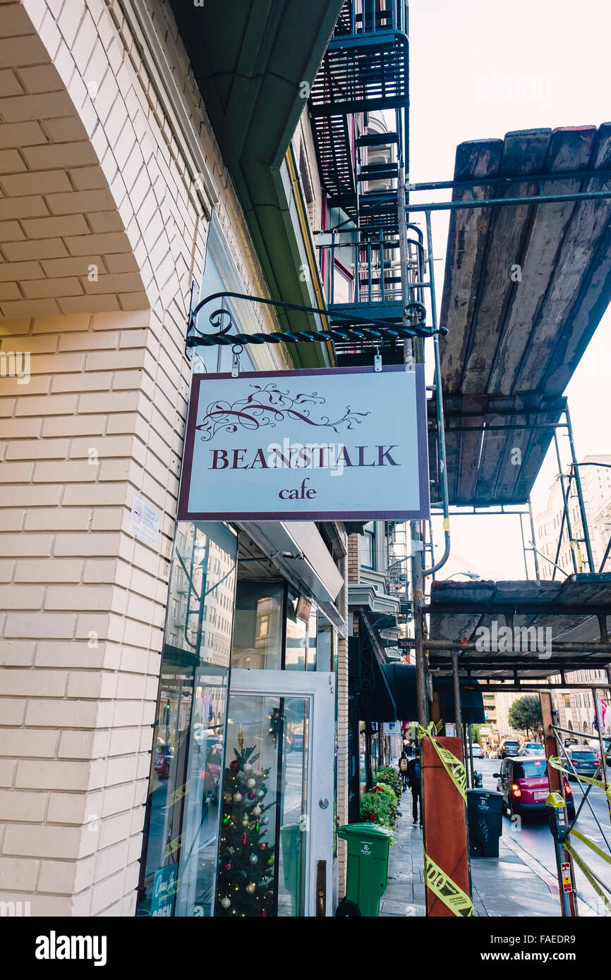 SAN FRANCISCO, CA - DECEMBER 11, 2015: Sign and storefront for the Beanstalk Cafe with scaffolds covering the sidewalk. Stock Photo