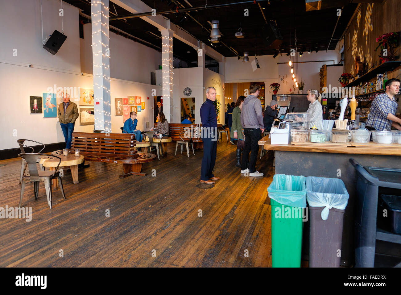 SAN FRANCISCO, CA - DECEMBER 11, 2015: Minna Gallery showcasing art in a coffee shop bar in downtown San Francisco. Stock Photo