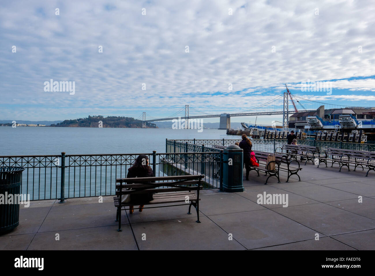 SAN FRANCISCO, CA - DECEMBER 12, 2015: Bay Bridge as seen from the Embarcadero in San Francisco. Stock Photo