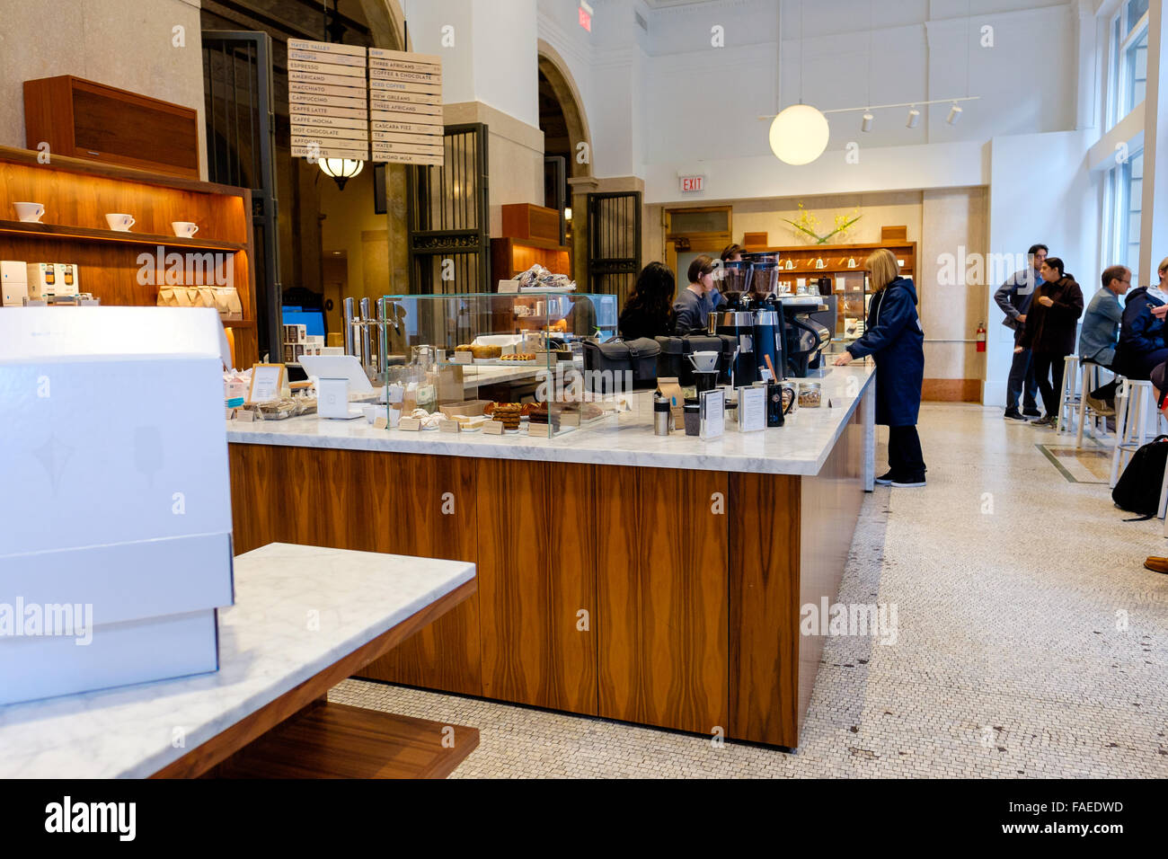 SAN FRANCISCO, CA - DECEMBER 13, 2015: Blue Bottle Coffee shop in the financial district of San Francisco. Stock Photo
