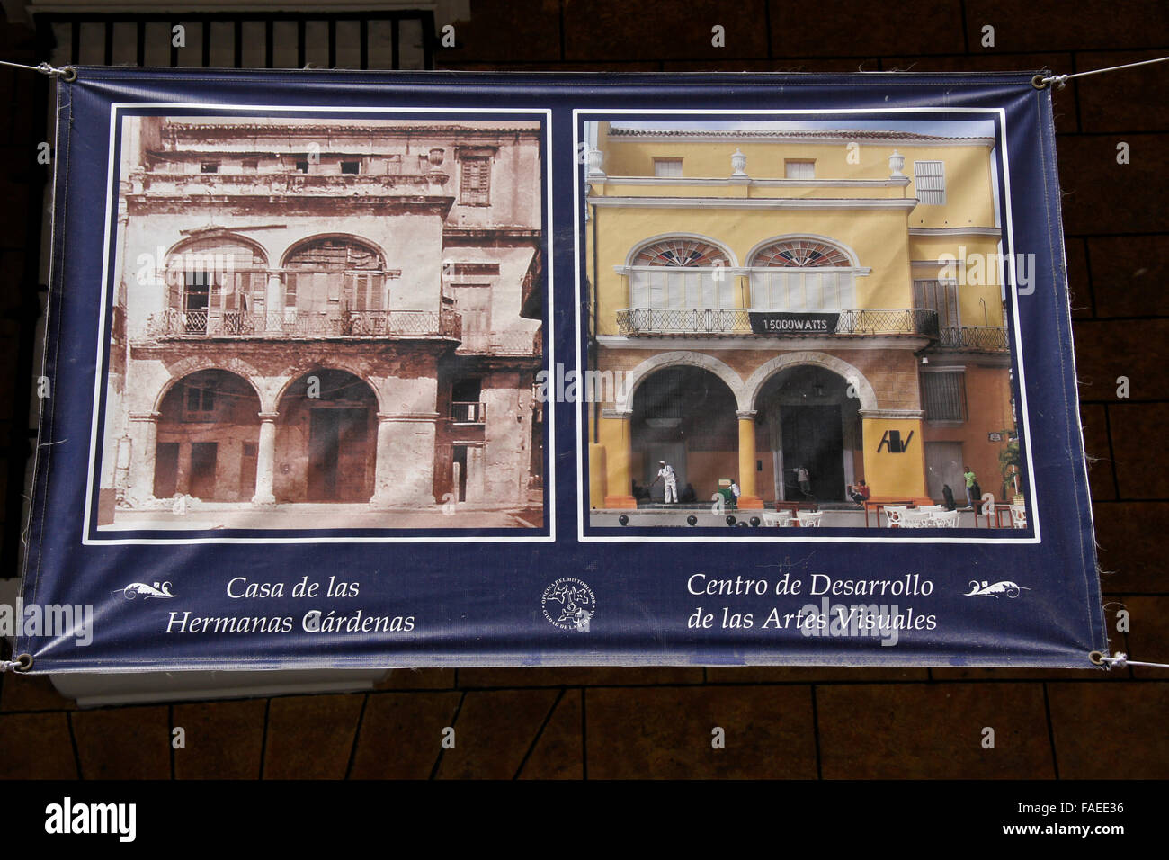 Banner in Plaza Vieja showing building renovation, Habana Vieja (Old Havana), Cuba Stock Photo