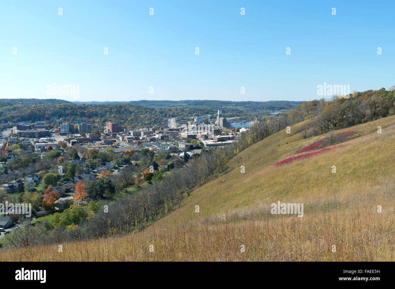 Aerial View Of Red Wing Minnesota Framed By Barn Bluff And Distant