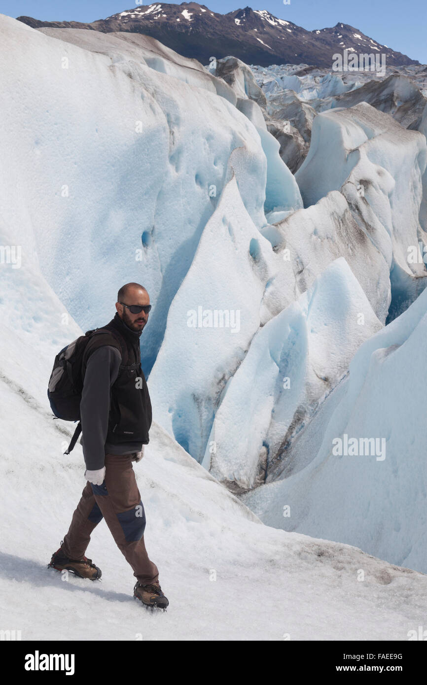 Tour guide on the Viedma Glacier, Southern Patagonian Ice Field, Los Glaciares National Park, Argentina Stock Photo