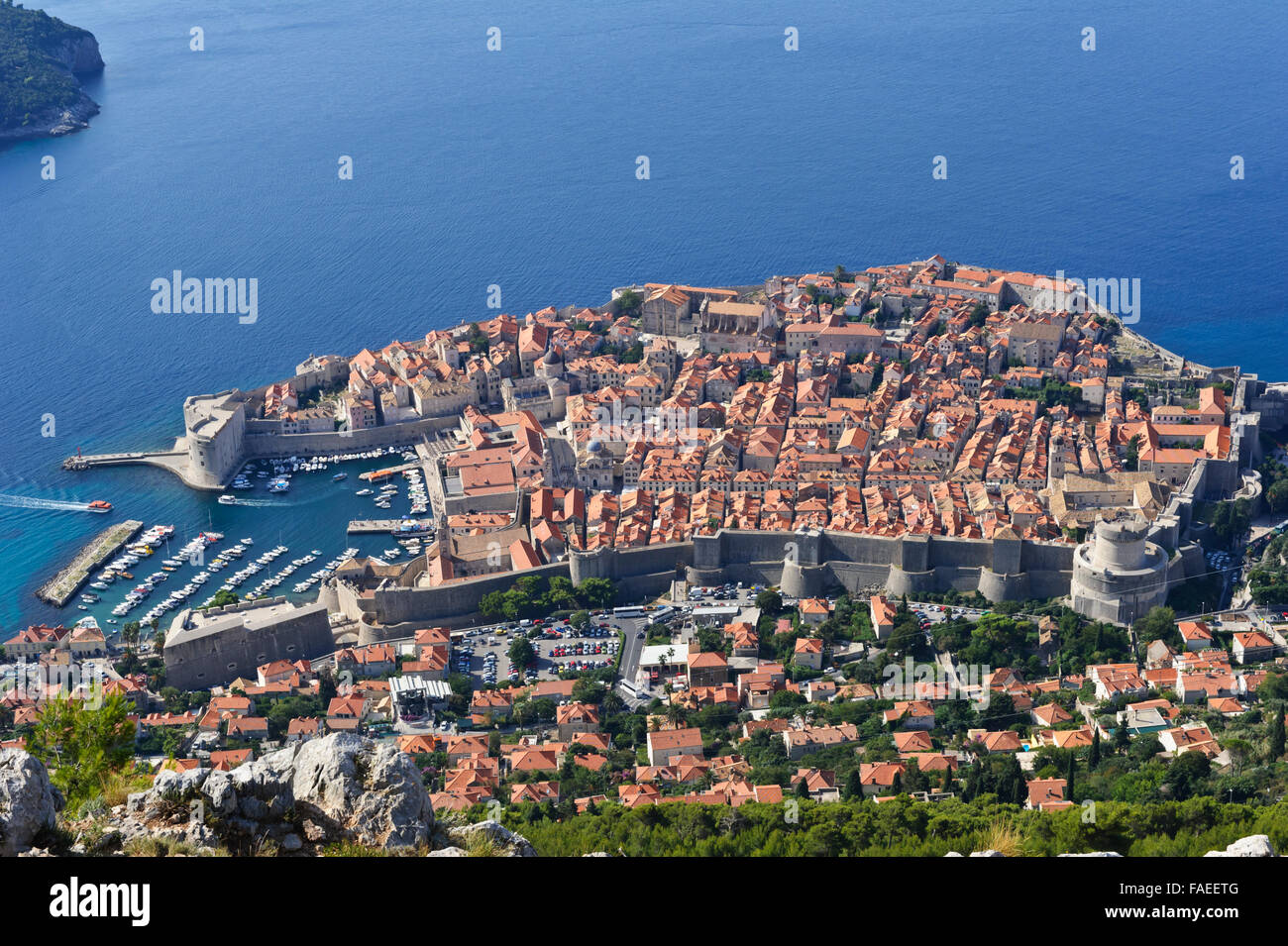 A panoramic view of the medieval town and harbour of Dubrovnik, Croatia. Stock Photo