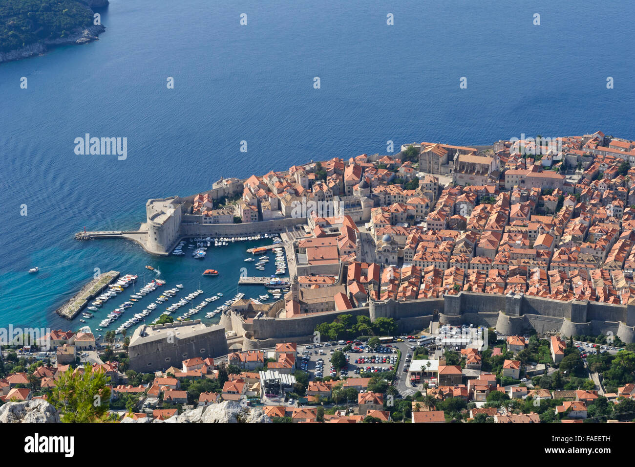 A panoramic view of the medieval town and harbour of Dubrovnik, Croatia. Stock Photo