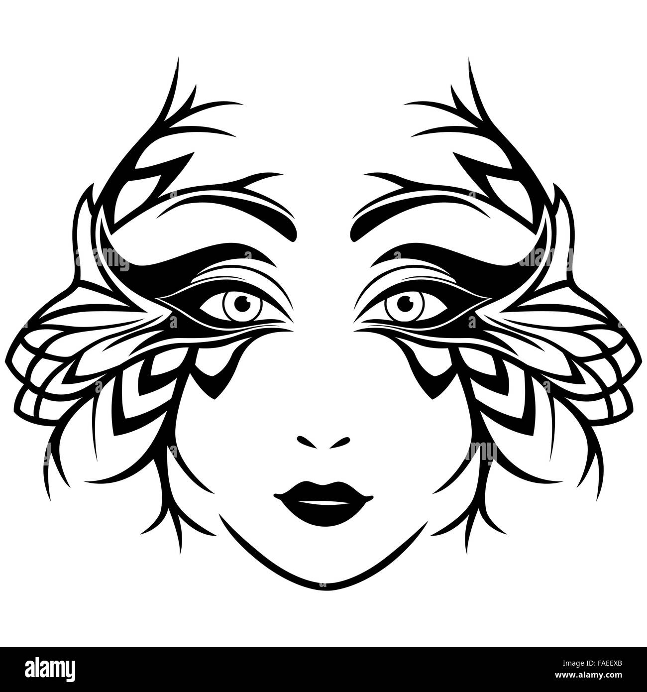 Abstract black and white female face with ornate stylized mask, hand drawing vector illustration Stock Vector