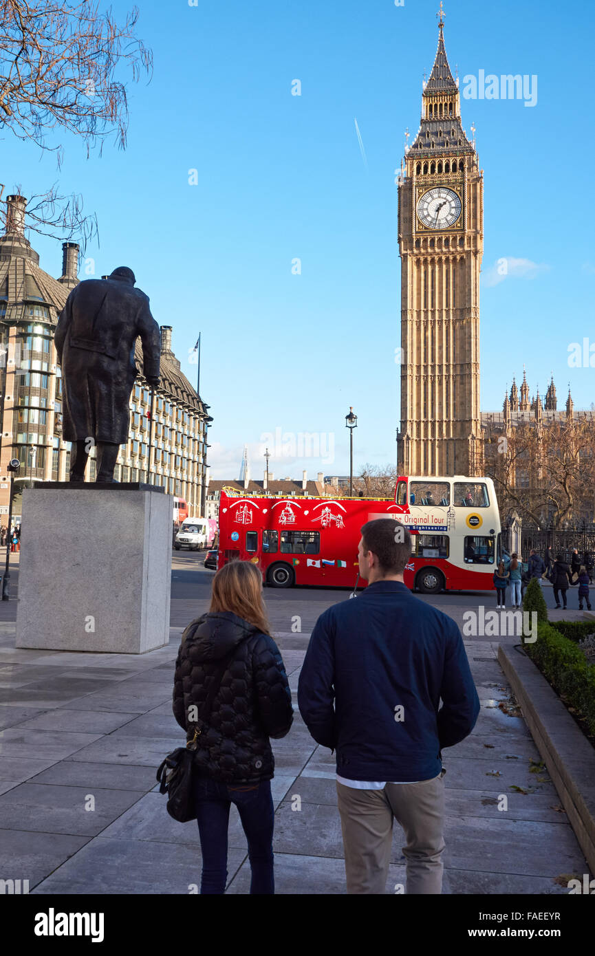 The bronze statue of Winston Churchill and the Big Ben at Parliament Square in London, England United Kingdom UK Stock Photo