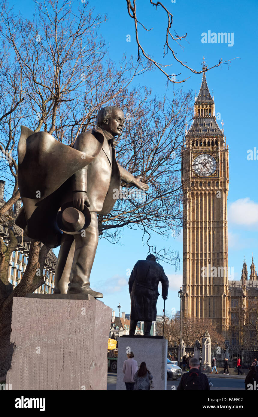 The bronze statue of David Lloyd George and the Big Ben at Parliament Square in London, England United Kingdom UK Stock Photo