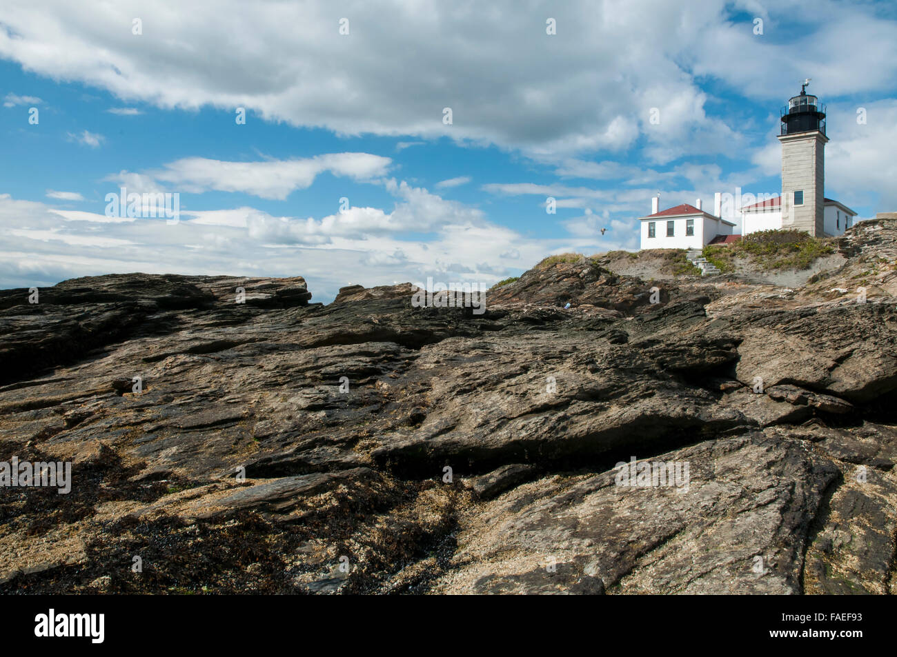Beavertail Lighthouse guides mariners around dangerous rock formations