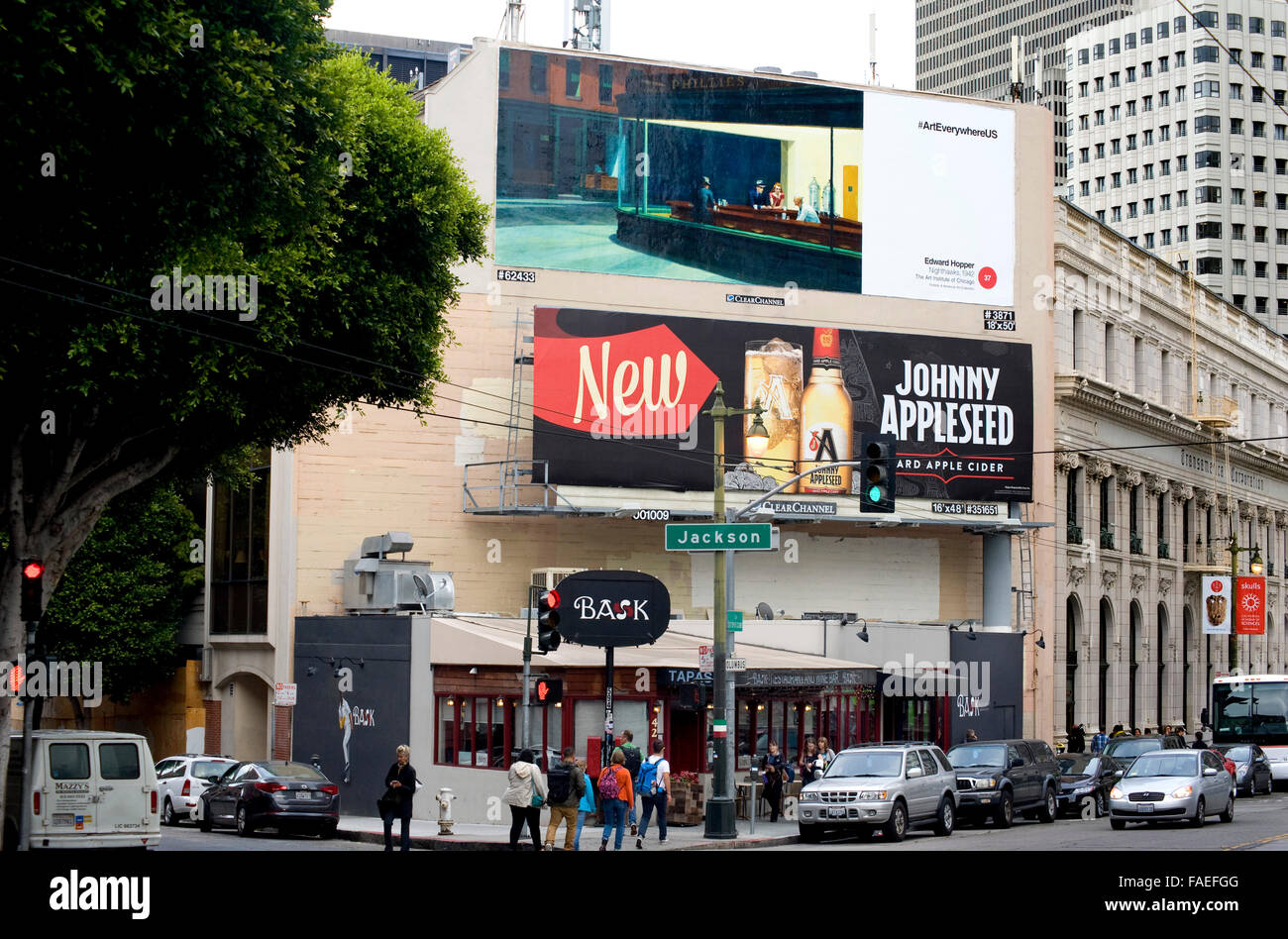 An Edward Hopper painting appears on an outdoor advertising billboard in San Francisco during the Art Everywhere event. Stock Photo